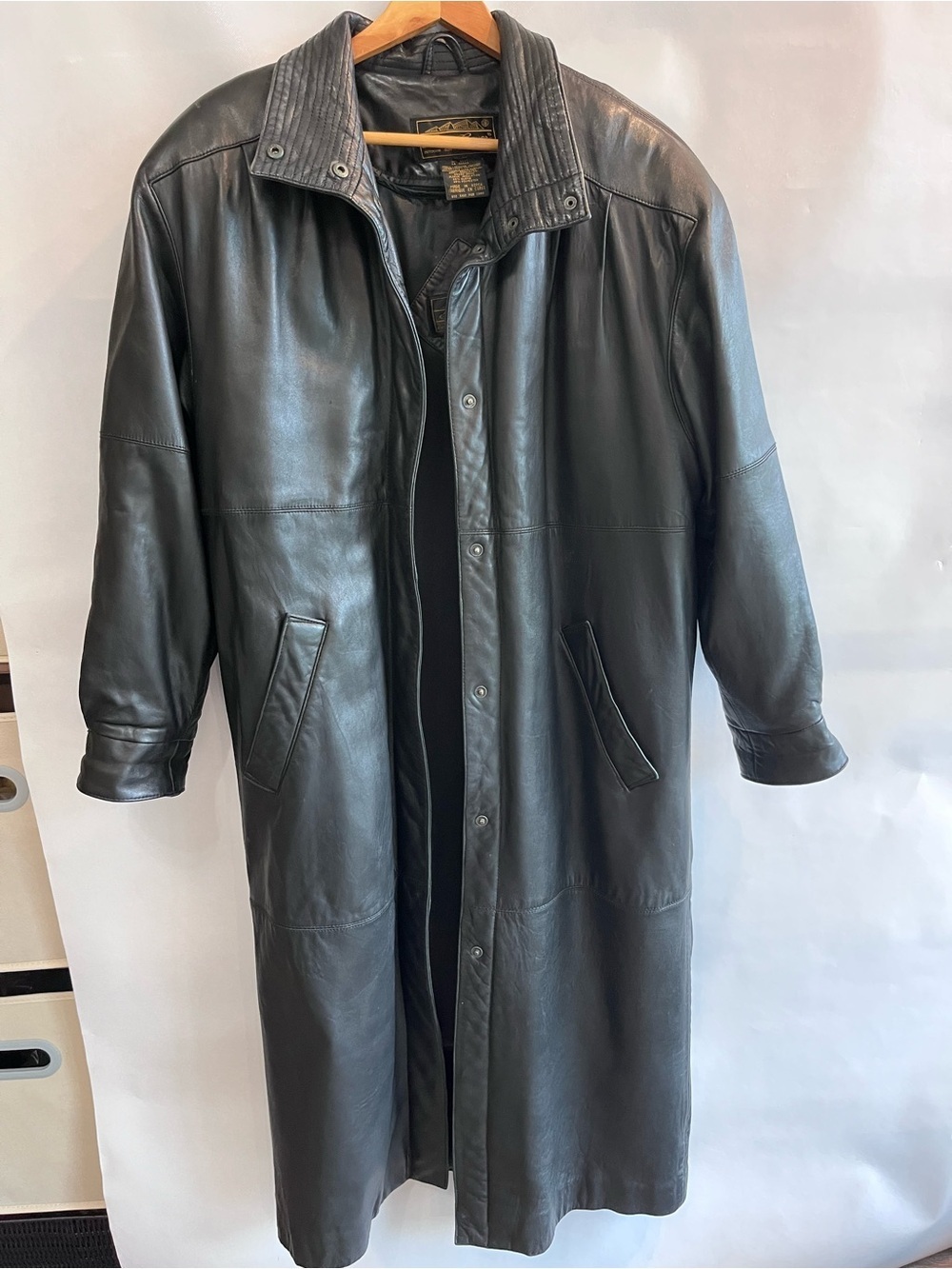 Vintage Eddie Bauer Black Leather Long Coat Trench Removable Goose Down Liner